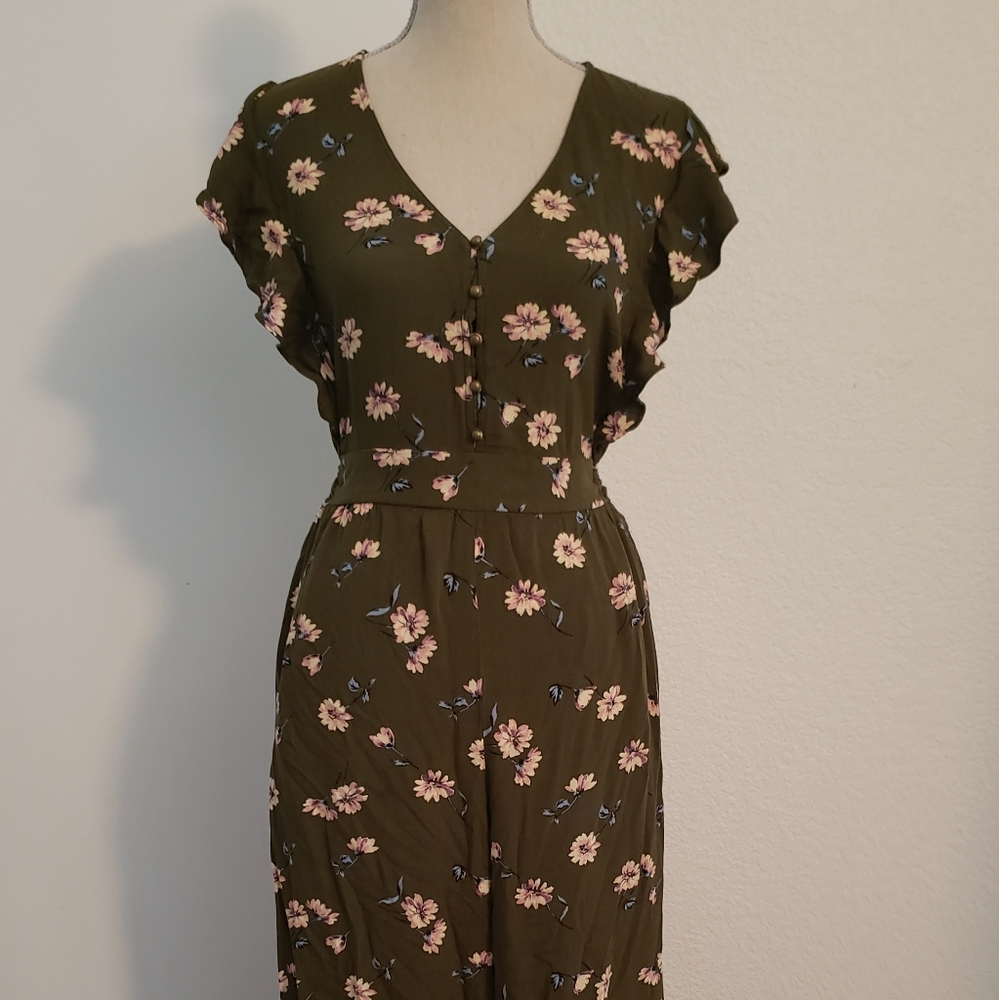 Green Floral Jumpsuit with Pockets